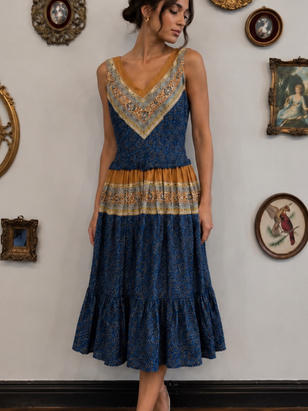 Vintage Handmade Prairie Folk Dress – Blue Floral Tiered Boho Midi‎ XS